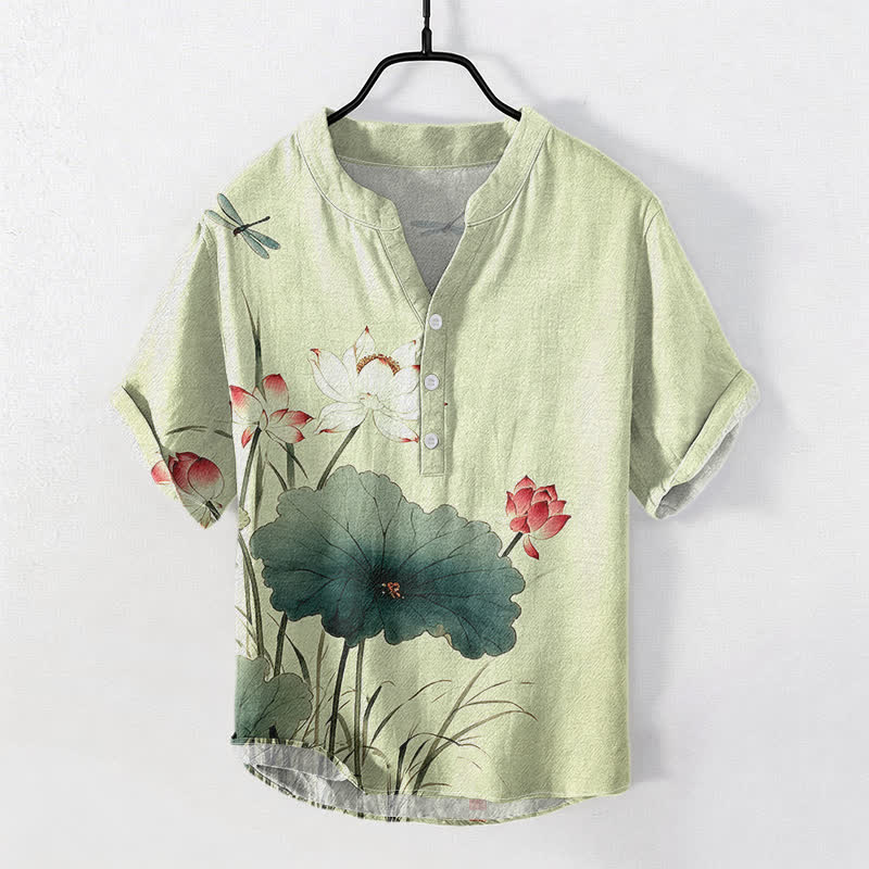 Buddha Stones Koszula męska z krótkim rękawem i nadrukiem w kształcie ważki z bawełny Lotus, zapinana na pół guzika - PaleGreen - US/UK/AU50, EU60 (5XL) - image 5