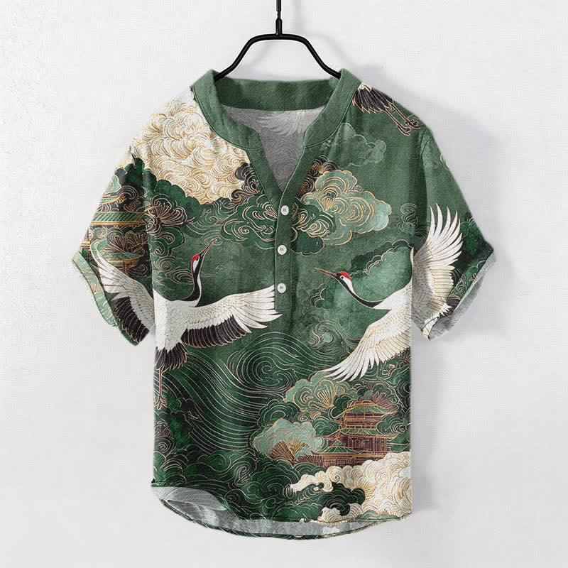 Buddha Stones Koszula męska z krótkim rękawem i półguzikiem z bawełny w kształcie chmurki i żurawia - ForestGreen - US/UK/AU50, EU60 (5XL) - image 0