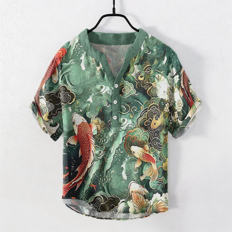 Buddha Stones Koszula męska z krótkim rękawem i falami w kolorze bawełny z motywem ryby Koi, zapinana na pół guzika - MediumSeaGreen - US/UK/AU50, EU60 (5XL) - image 0