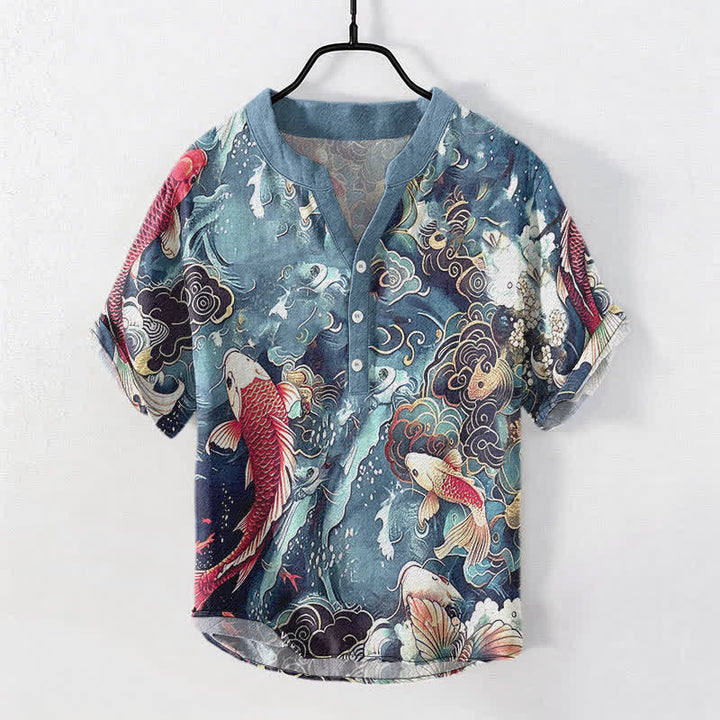 Buddha Stones Koszula męska z krótkim rękawem i falami w kolorze bawełny z motywem ryby Koi, zapinana na pół guzika - Turkus - US/UK/AU50, EU60 (5XL) - image 5