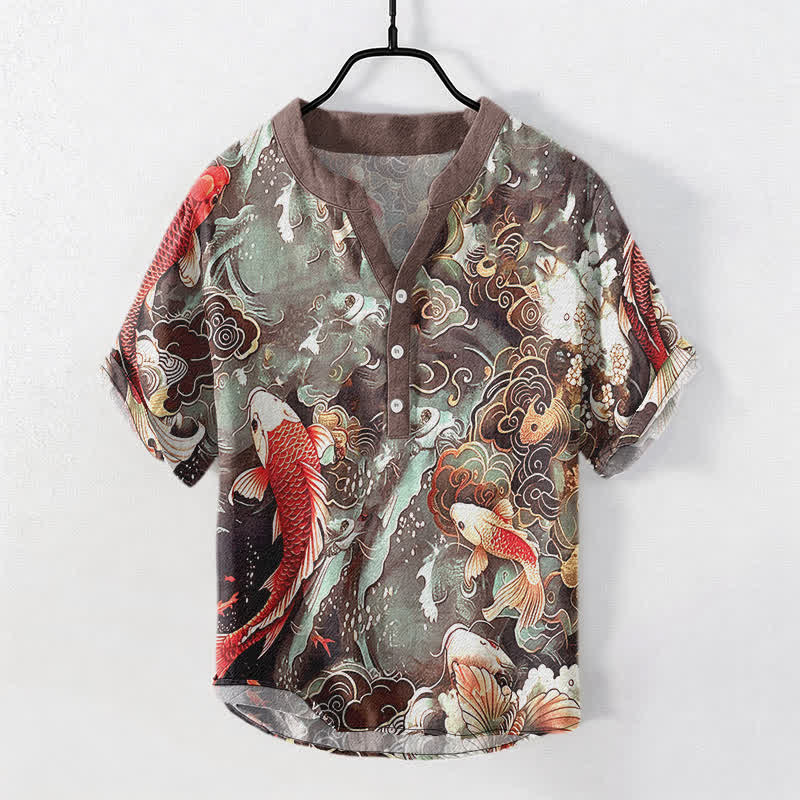 Buddha Stones Koszula męska z krótkim rękawem i falami w kolorze bawełny z motywem ryby Koi, zapinana na pół guzika - Sjena - US/UK/AU50, EU60 (5XL) - image 7