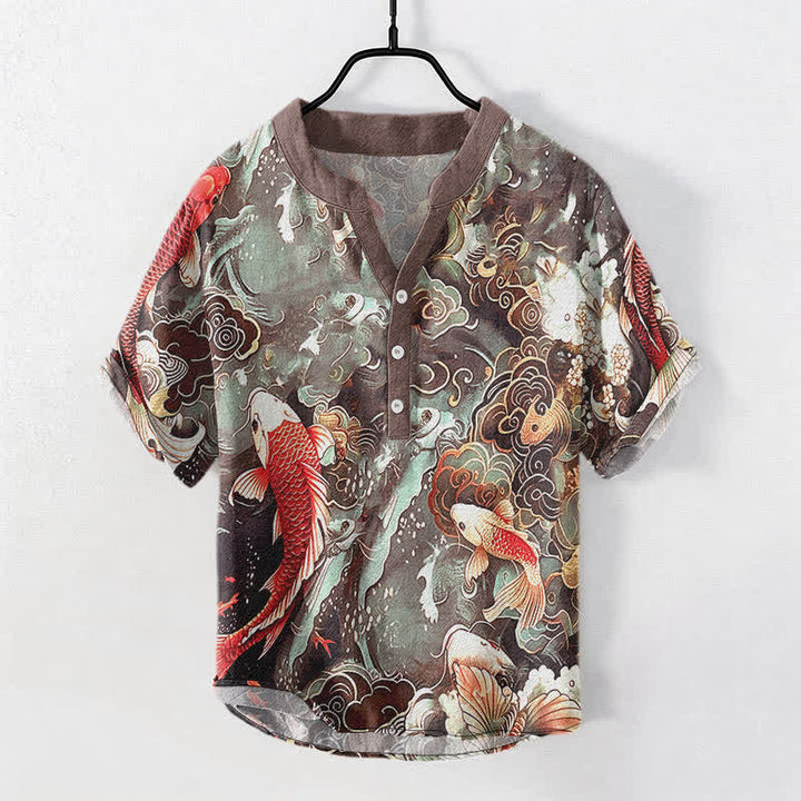 Buddha Stones Koszula męska z krótkim rękawem i falami w kolorze bawełny z motywem ryby Koi, zapinana na pół guzika - Sjena - US/UK/AU50, EU60 (5XL) - image 7