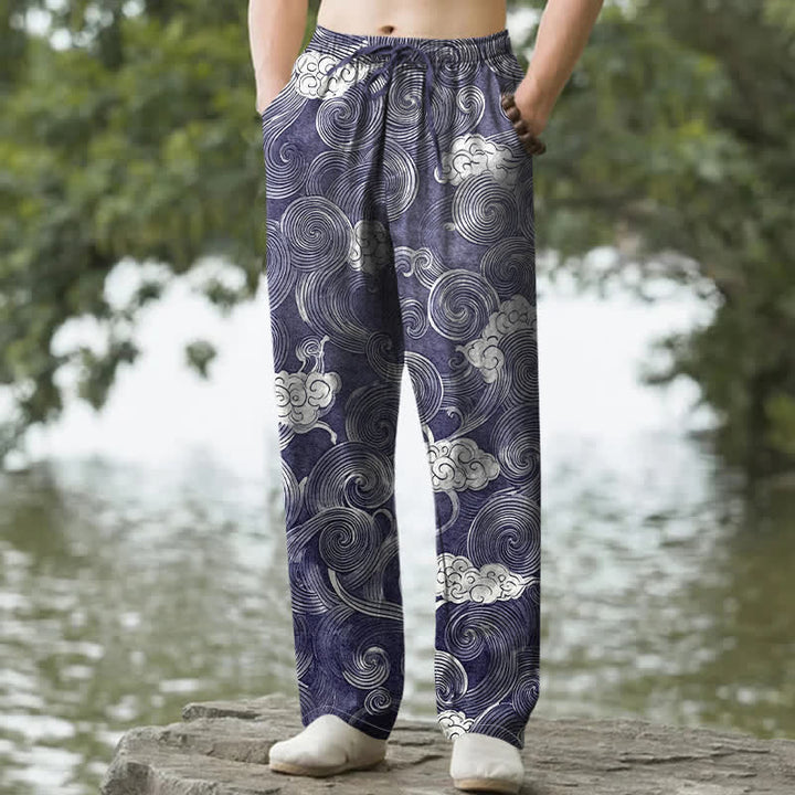 Buddha Stones Spodnie męskie zwężane z kieszeniami i wzorem fal w chmury bawełniane - Marynarka wojenna - US/UK/AU50, EU60 (5XL) - image 0