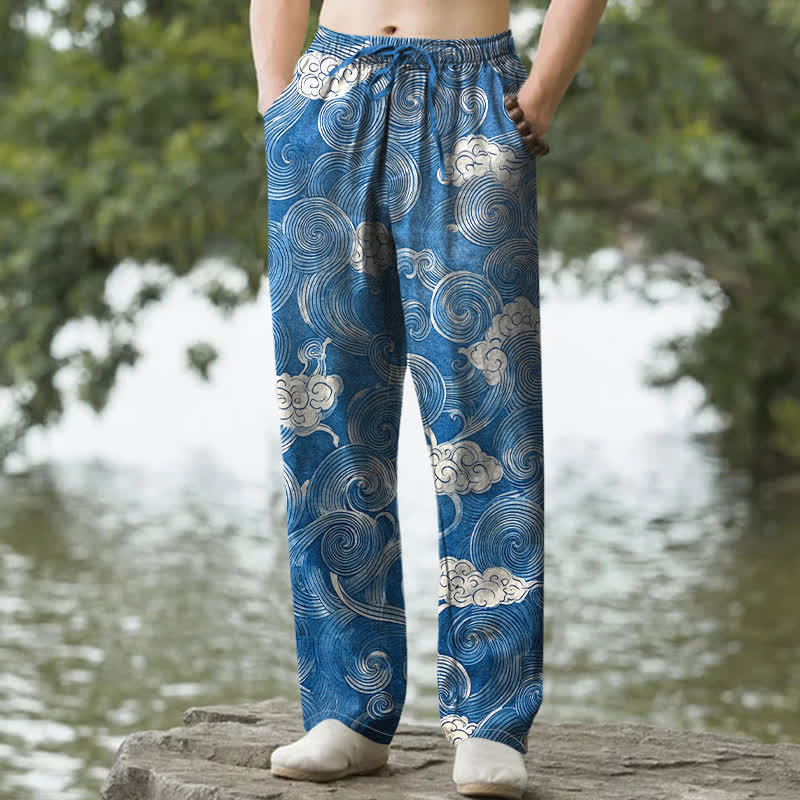 Buddha Stones Spodnie męskie zwężane z kieszeniami i wzorem fal w chmury bawełniane - DodgerBlue - US/UK/AU50, EU60 (5XL) - image 4