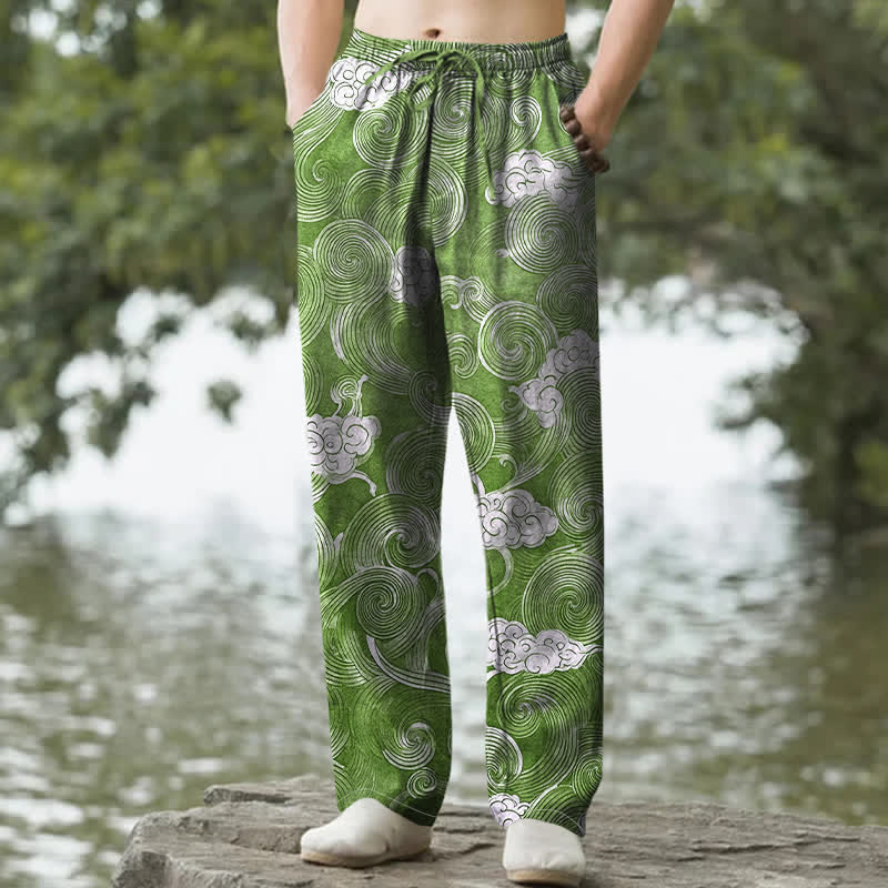 Buddha Stones Spodnie męskie zwężane z kieszeniami i wzorem fal w chmury bawełniane - ForestGreen - US/UK/AU50, EU60 (5XL) - image 8