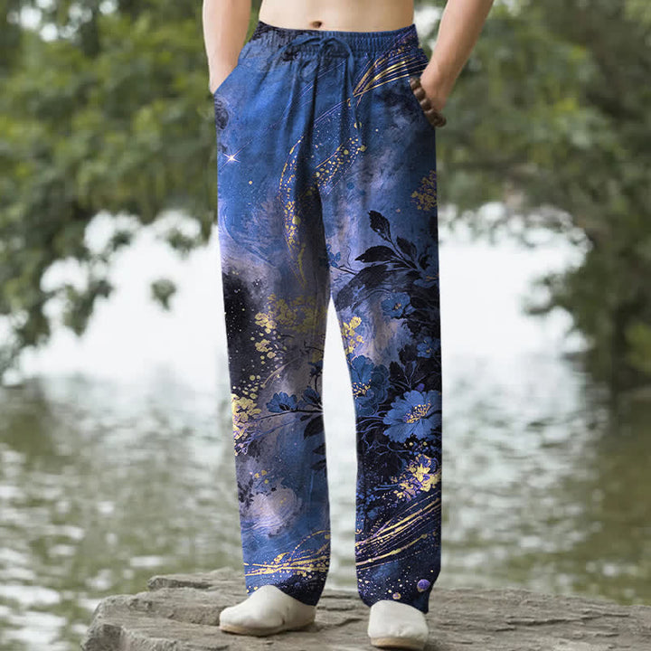 Buddha Stones Spodnie męskie zwężane z bawełny z kwiatowym wzorem w gwiazdki i kieszeniami - RoyalBlue - US/UK/AU50, EU60 (5XL) - image 0