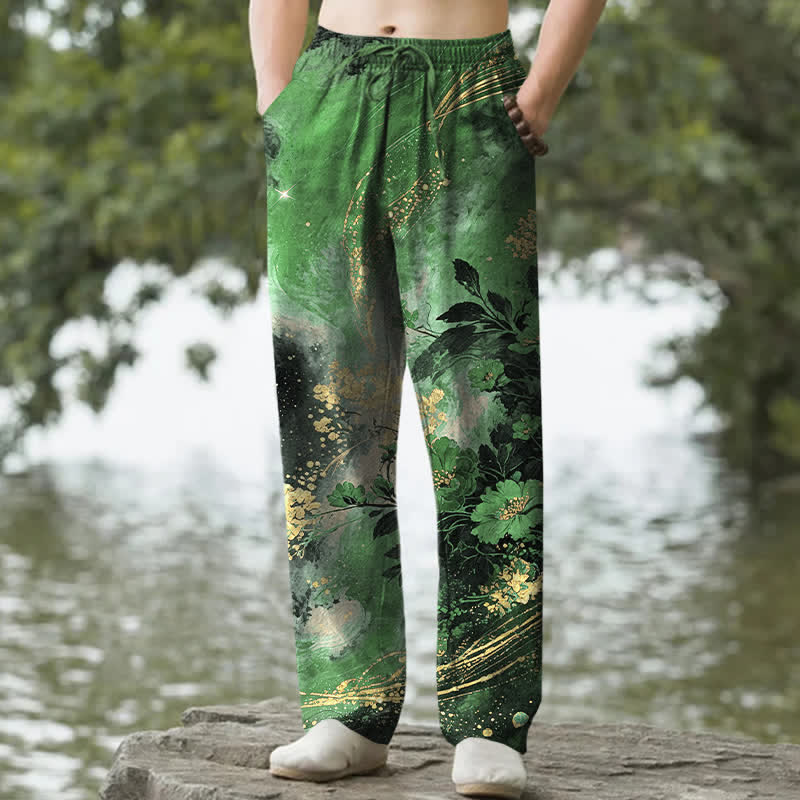 Buddha Stones Spodnie męskie zwężane z bawełny z kwiatowym wzorem w gwiazdki i kieszeniami - ForestGreen - US/UK/AU50, EU60 (5XL) - image 4