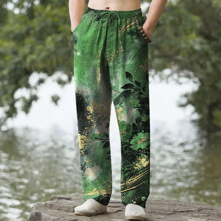Buddha Stones Spodnie męskie zwężane z bawełny z kwiatowym wzorem w gwiazdki i kieszeniami - ForestGreen - US/UK/AU50, EU60 (5XL) - image 4