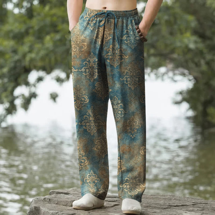 Buddha Stones Spodnie męskie zwężane z bawełny w stylu vintage w stylu barokowym z kieszeniami - Cyraneczka - US/UK/AU50, EU60 (5XL) - image 0
