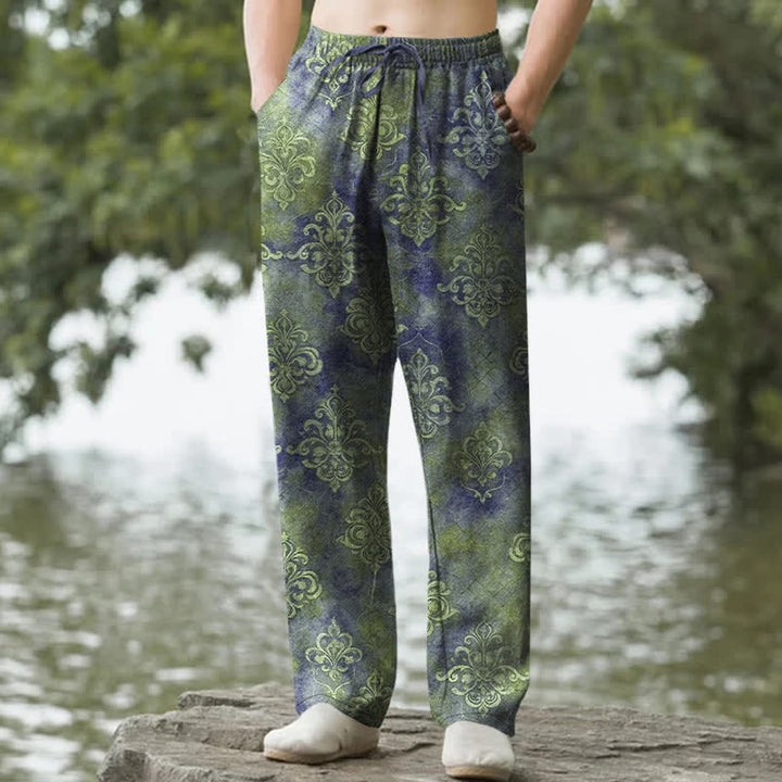 Buddha Stones Spodnie męskie zwężane z bawełny w stylu vintage w stylu barokowym z kieszeniami - Oliwkowy - US/UK/AU50, EU60 (5XL) - image 4