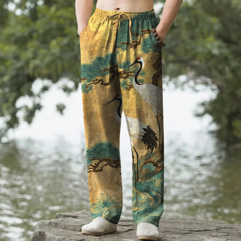 Buddha Stones Spodnie męskie zwężane z bawełny z wzorem żurawia i sosny z kieszeniami - Złoto - US/UK/AU50, EU60 (5XL) - image 0