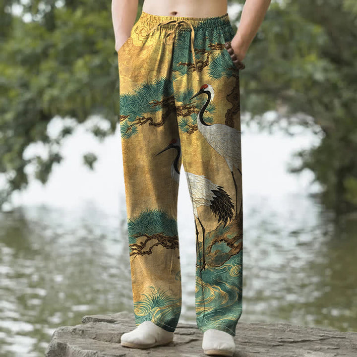 Buddha Stones Spodnie męskie zwężane z bawełny z wzorem żurawia i sosny z kieszeniami - Złoto - US/UK/AU50, EU60 (5XL) - image 0
