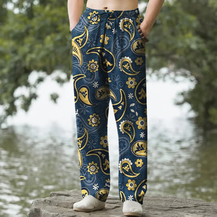 Buddha Stones Spodnie męskie zwężane z bawełny z kwiatowym wzorem paisley i kieszeniami - Stalowoniebieski - US/UK/AU50, EU60 (5XL) - image 0