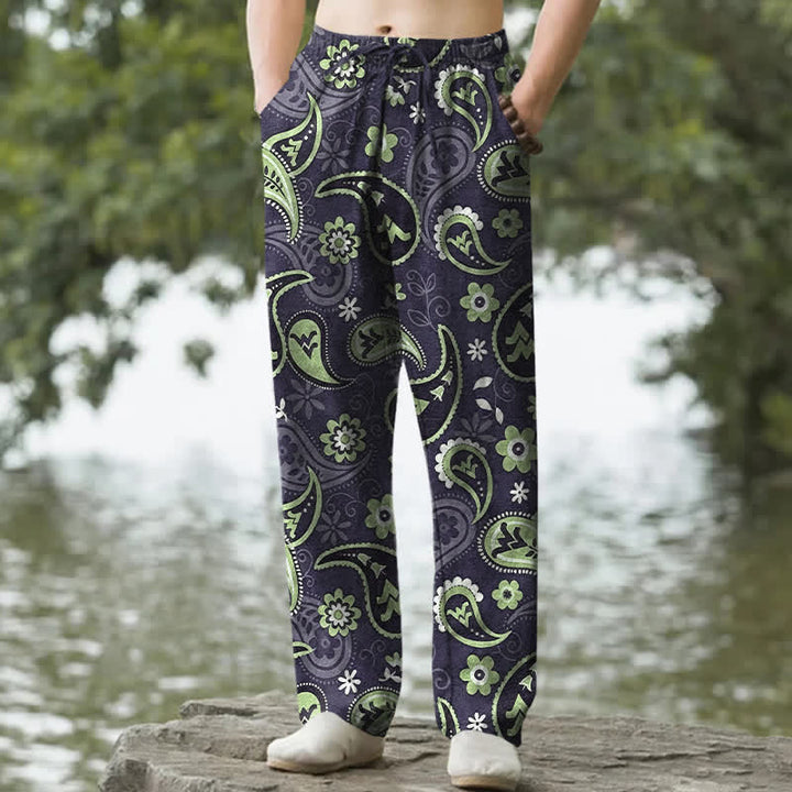 Buddha Stones Spodnie męskie zwężane z bawełny z kwiatowym wzorem paisley i kieszeniami - Indygo - US/UK/AU50, EU60 (5XL) - image 8