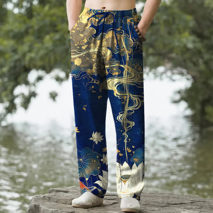 Buddha Stones Spodnie męskie zwężane z kieszeniami i wzorem Lotus Cloud - Marynarka wojenna - US/UK/AU50, EU60 (5XL) - image 4
