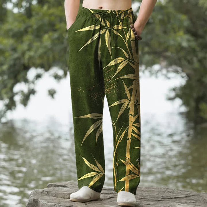 Buddha Stones Spodnie męskie zwężane z bawełny w złoty wzór liścia bambusa z kieszeniami - DarkOliveGreen - US/UK/AU50, EU60 (5XL) - image 4