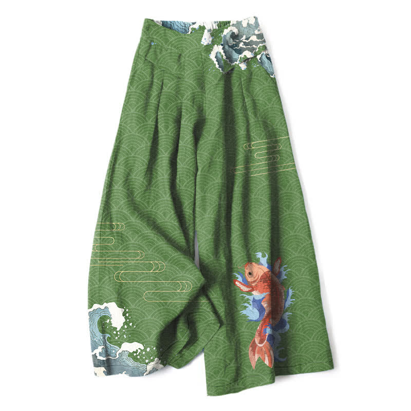 Buddha Stones Spodnie damskie z szerokimi nogawkami i elastyczną talią, z motywem falistej ryby Koi i kieszeniami, z bawełny i lnu - ForestGreen - US16, UK/AU20, EU48 (3XL) - image 6