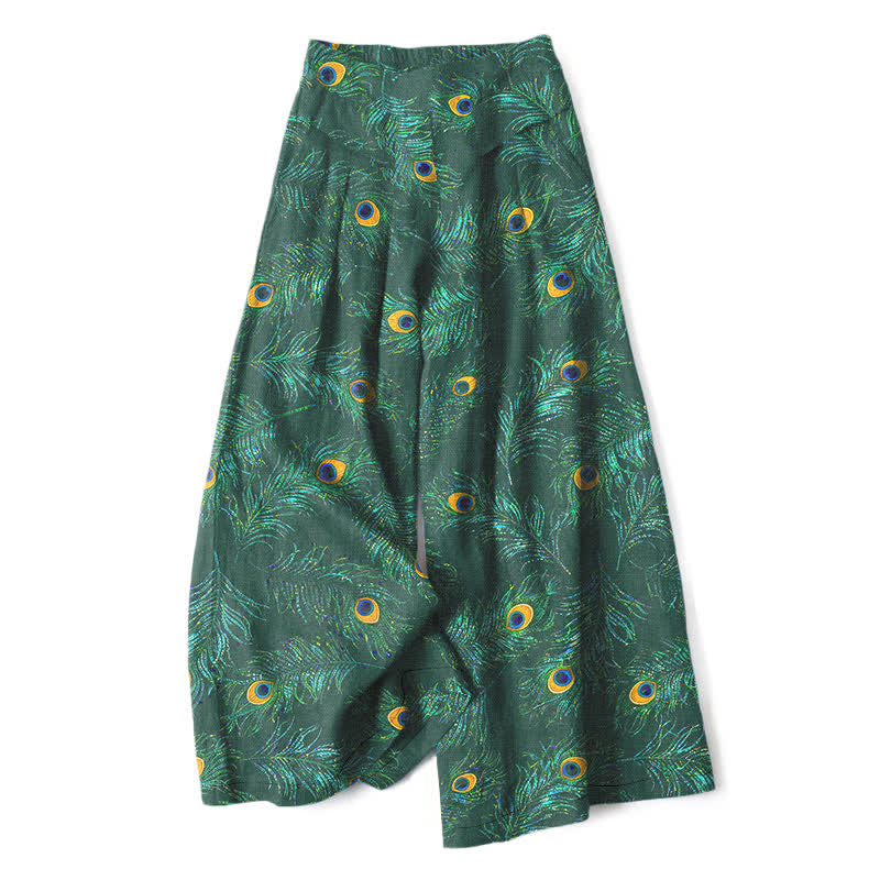 Buddha Stones Spodnie damskie z szerokimi nogawkami i elastyczną talią, z wzorem pawiego pióra i kieszeniami - ForestGreen - US16, UK/AU20, EU48 (3XL) - image 6