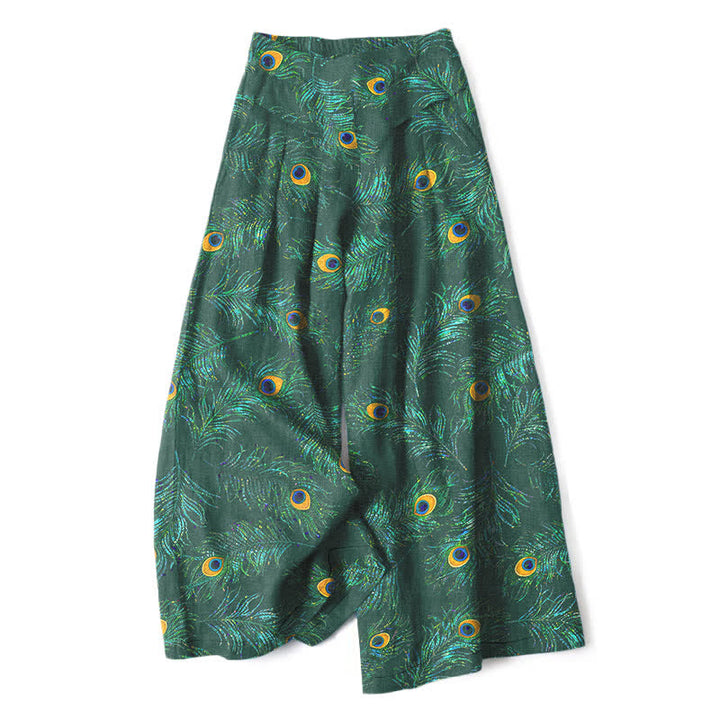 Buddha Stones Spodnie damskie z szerokimi nogawkami i elastyczną talią, z wzorem pawiego pióra i kieszeniami - ForestGreen - US16, UK/AU20, EU48 (3XL) - image 6