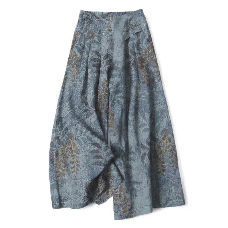 Buddha Stones Spodnie damskie z szerokimi nogawkami i elastyczną talią, z wzorem liści w stylu vintage i kieszeniami - LightSlateGray - US16, UK/AU20, EU48 (3XL) - image 0