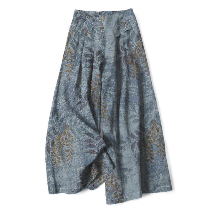 Buddha Stones Spodnie damskie z szerokimi nogawkami i elastyczną talią, z wzorem liści w stylu vintage i kieszeniami - LightSlateGray - US16, UK/AU20, EU48 (3XL) - image 0