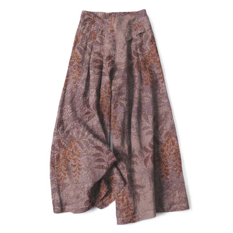 Buddha Stones Spodnie damskie z szerokimi nogawkami i elastyczną talią, z wzorem liści w stylu vintage i kieszeniami - RosyBrown - US16, UK/AU20, EU48 (3XL) - image 4