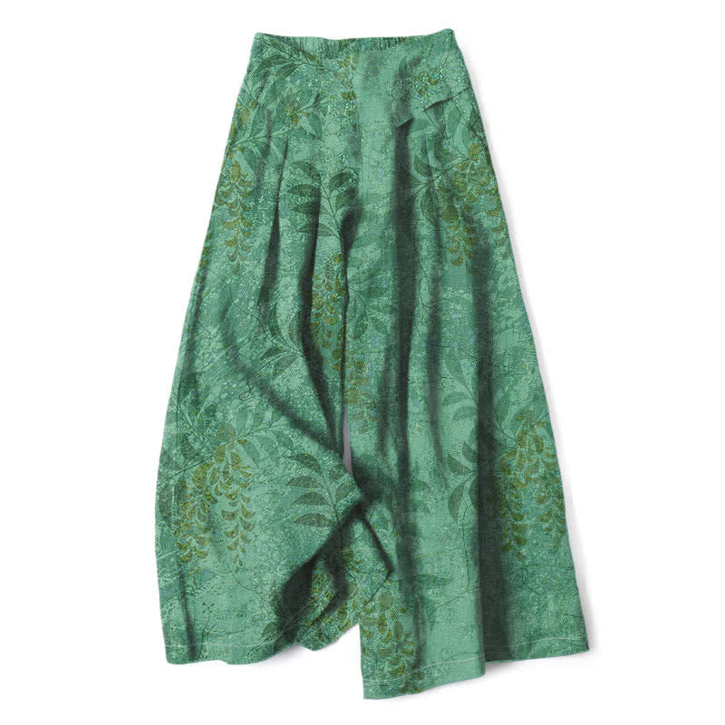 Buddha Stones Spodnie damskie z szerokimi nogawkami i elastyczną talią, z wzorem liści w stylu vintage i kieszeniami - MediumSeaGreen - US16, UK/AU20, EU48 (3XL) - image 6