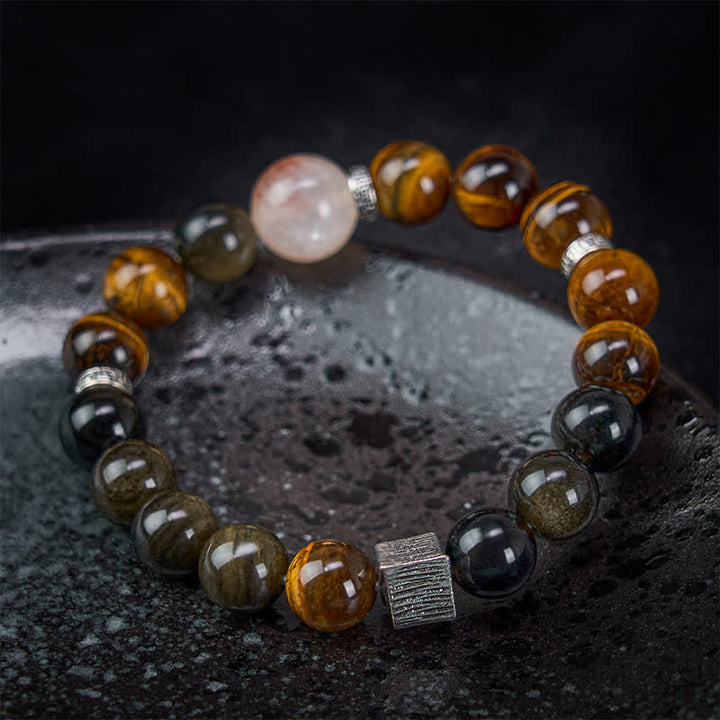 Buddha Stones Bransoletka ochronna z kwarcu z obsydianu i tygrysiego oka w złotym połysku - image 2