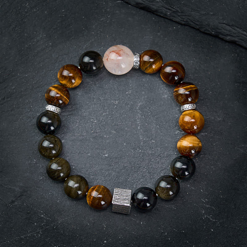 Buddha Stones Bransoletka ochronna z kwarcu z obsydianu i tygrysiego oka w złotym połysku - image 1