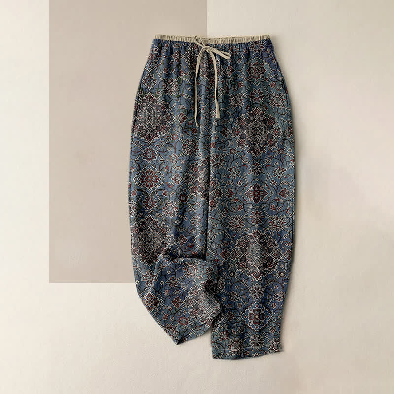 Buddha Stones Spodnie damskie z elastycznej talii z kieszeniami, z czystej bawełny, w boho kwiatowy wzór - Stalowoniebieski - US16, UK/AU20, EU48 (3XL) - image 0