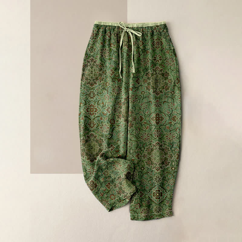 Buddha Stones Spodnie damskie z elastycznej talii z kieszeniami, z czystej bawełny, w boho kwiatowy wzór - Oliwkowy - US16, UK/AU20, EU48 (3XL) - image 3