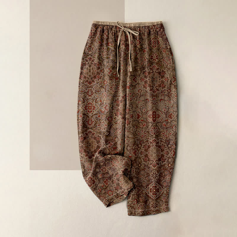 Buddha Stones Spodnie damskie z elastycznej talii z kieszeniami, z czystej bawełny, w boho kwiatowy wzór - SaddleBrown - US16, UK/AU20, EU48 (3XL) - image 4