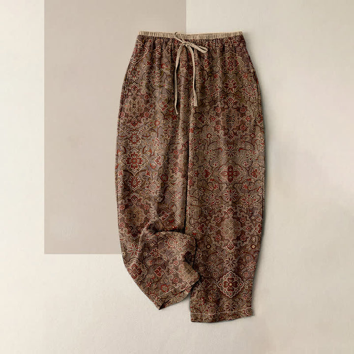 Buddha Stones Spodnie damskie z elastycznej talii z kieszeniami, z czystej bawełny, w boho kwiatowy wzór - SaddleBrown - US16, UK/AU20, EU48 (3XL) - image 4