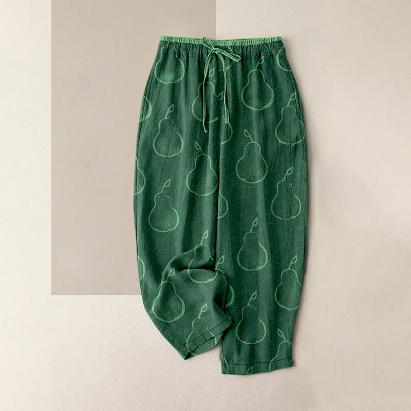 Buddha Stones Spodnie damskie z elastycznej talii z kieszeniami, z czystej bawełny, w delikatny wzór gruszki - ForestGreen - US16, UK/AU20, EU48 (3XL) - image 0