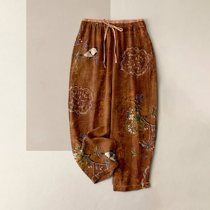 Buddha Stones Spodnie damskie z elastycznej talii z kieszeniami, z czystej bawełny, w boho kwiatowy wzór z ptakami - SaddleBrown - US16, UK/AU20, EU48 (3XL) - image 0