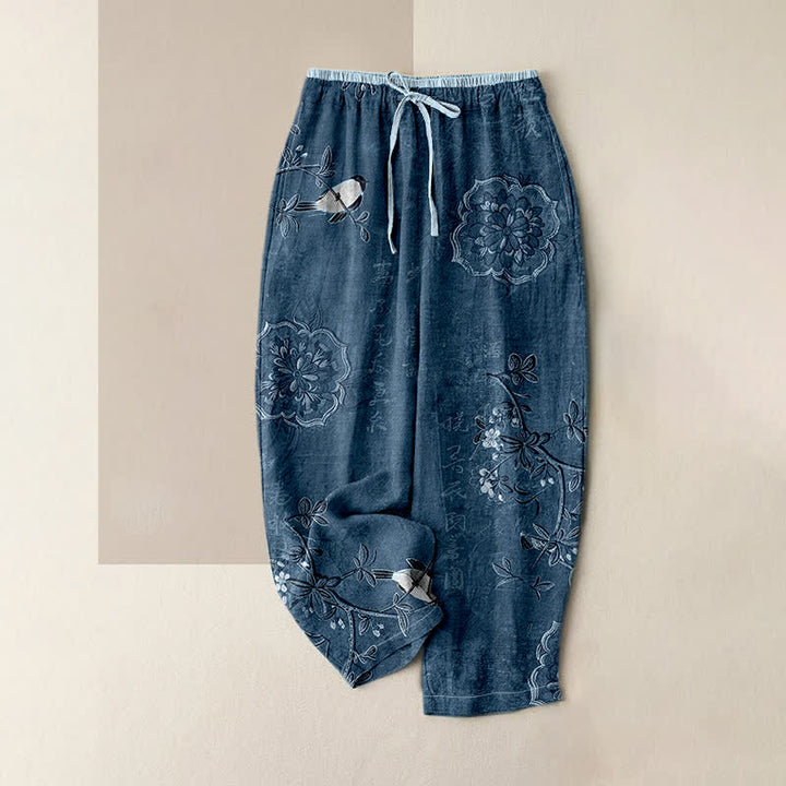 Buddha Stones Spodnie damskie z elastycznej talii z kieszeniami, z czystej bawełny, w boho kwiatowy wzór z ptakami - Stalowoniebieski - US16, UK/AU20, EU48 (3XL) - image 4