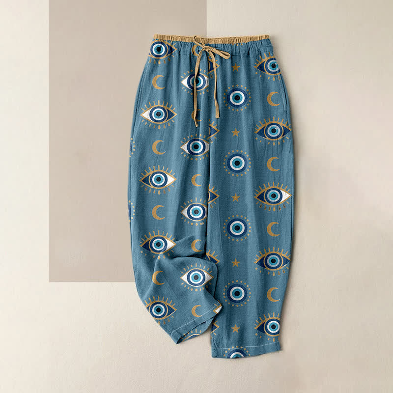Buddha Stones Spodnie damskie z elastyczną talią i kieszeniami, z czystej bawełny, z motywem Mystic Evil Eye - CadetBlue - US16, UK/AU20, EU48 (3XL) - image 0