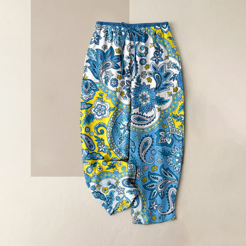 Buddha Stones Spodnie damskie z elastycznej talii z kieszeniami, z czystej bawełny, w boho wzór paisley i kwiatowym wzorem - Turkus - US16, UK/AU20, EU48 (3XL) - image 0
