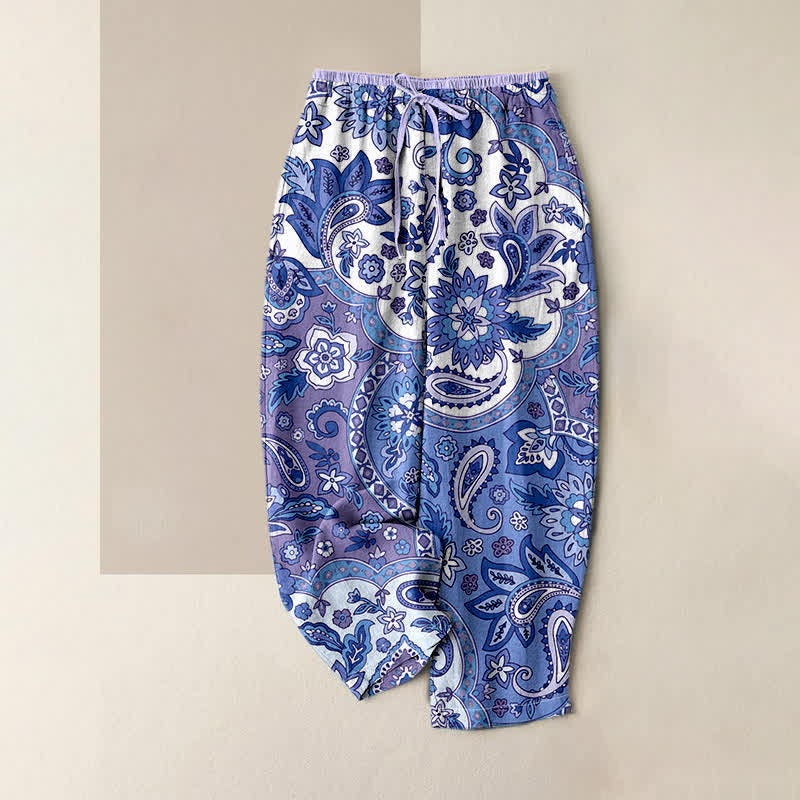 Buddha Stones Spodnie damskie z elastycznej talii z kieszeniami, z czystej bawełny, w boho wzór paisley i kwiatowym wzorem - Średniofioletowy - US16, UK/AU20, EU48 (3XL) - image 3