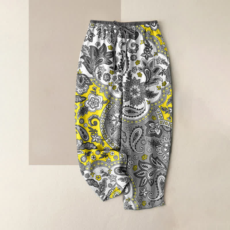 Buddha Stones Spodnie damskie z elastycznej talii z kieszeniami, z czystej bawełny, w boho wzór paisley i kwiatowym wzorem - Żółty - US16, UK/AU20, EU48 (3XL) - image 4