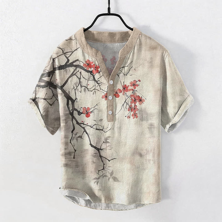 Buddha Stones Koszula męska z krótkim rękawem i krótkim guzikiem z bawełny z motywem kwitnącej śliwki - Bielizna - US/UK/AU50, EU60 (5XL) - image 0