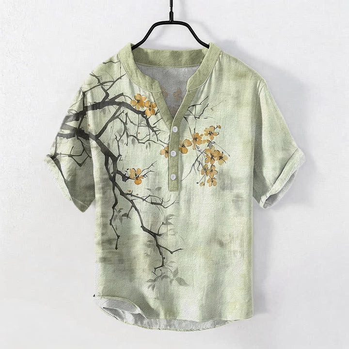 Buddha Stones Koszula męska z krótkim rękawem i krótkim guzikiem z bawełny z motywem kwitnącej śliwki - PaleGreen - US/UK/AU50, EU60 (5XL) - image 3