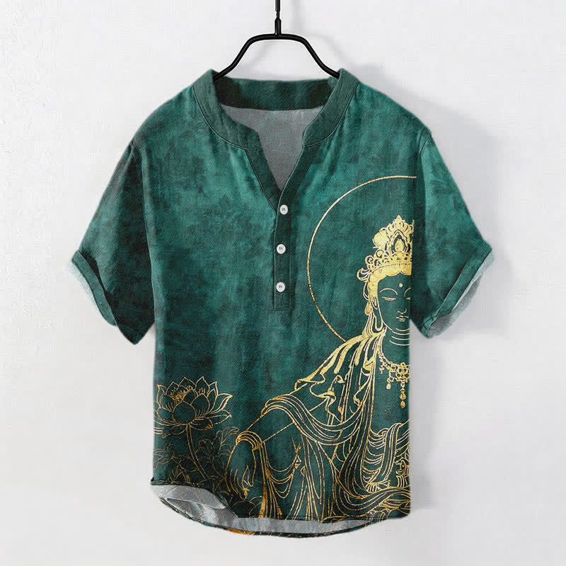 Buddha Stones Koszula męska z krótkim rękawem i nadrukiem Złotego Buddy z motywem lotosu, bawełniana, zapinana na pół guzika - SeaGreen - US/UK/AU50, EU60 (5XL) - image 0