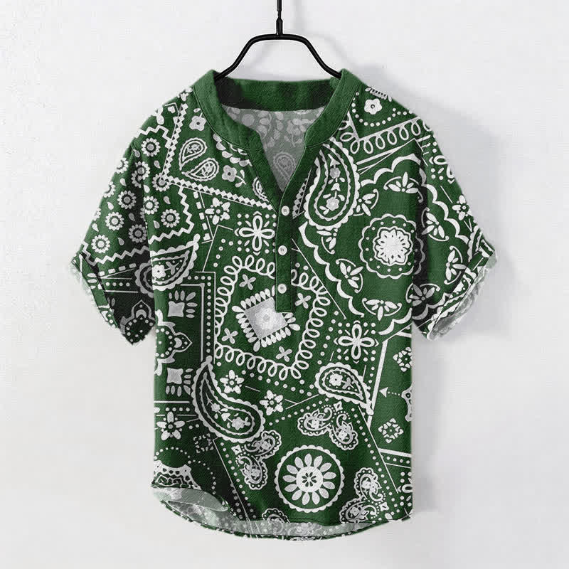 Buddha Stones Koszula męska z krótkim rękawem i krótkim rękawem w klasycznym białym wzorze paisley z krótkim rękawem i guzikami - ForestGreen - US/UK/AU50, EU60 (5XL) - image 7