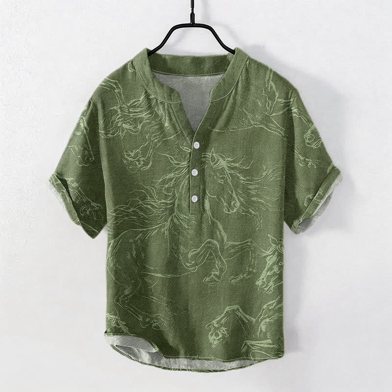 Buddha Stones Koszula męska z krótkim rękawem i krótkim rękawem z nadrukiem Running Horse Line Pattern - Oliwkowy - US/UK/AU50, EU60 (5XL) - image 0