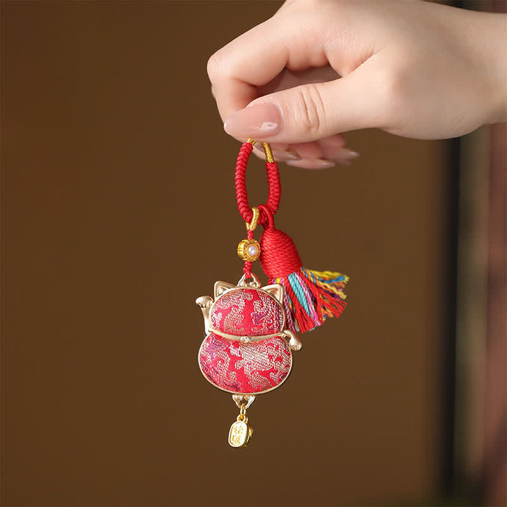 Buddha Stones Brelok z frędzlami Song Brocade Lucky Cat Wealth - Czerwony - image 0