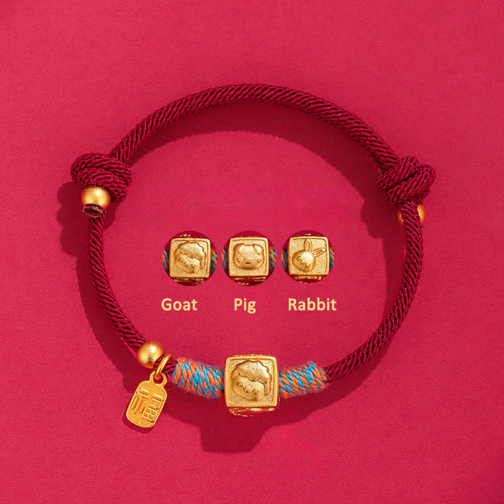 Buddha Stones Ręcznie robiona bransoletka z czerwonego sznurka z chińskim znakiem zodiaku Luck Fu - Bransoletka ze srebra próby 999 z kozą, świnią i królikiem w trzech harmoniach w kolorze czerwonym - Srebro (Błogosławieństwo♥Spokój) - image 0