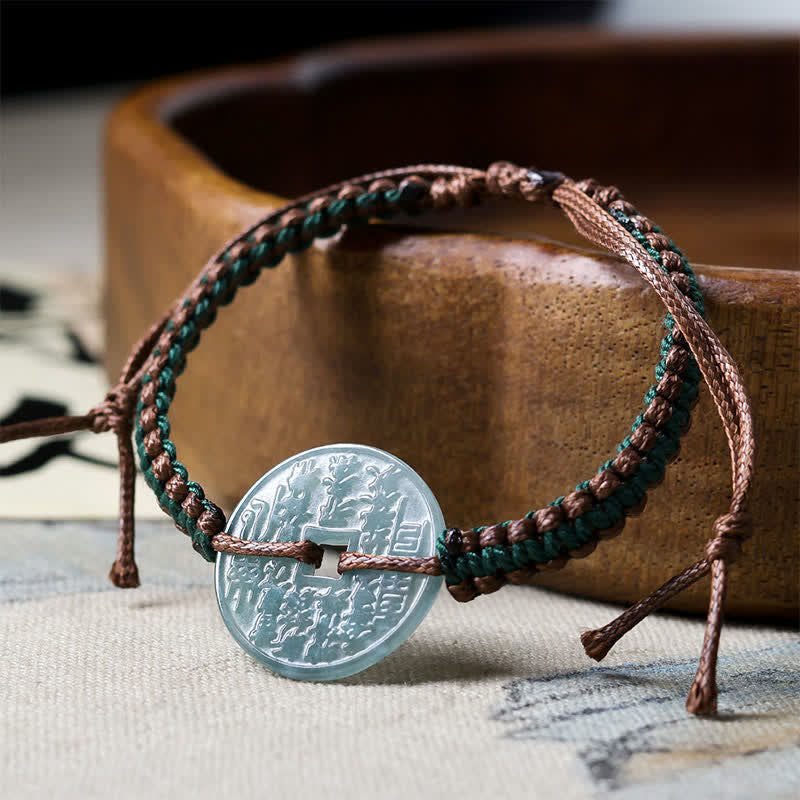 Buddha Stones Bransoletka z regulowanym uchwytem z jadeitu Peace Buckle, tkana ręcznie - image 4