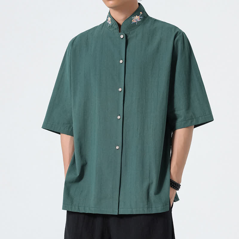 Buddha Stones Letnie koszule męskie w stylu Tang z kołnierzykiem stójkowym i haftem lotosu - SeaGreen - US/UK/AU46， EU56 (5XL) - image 0