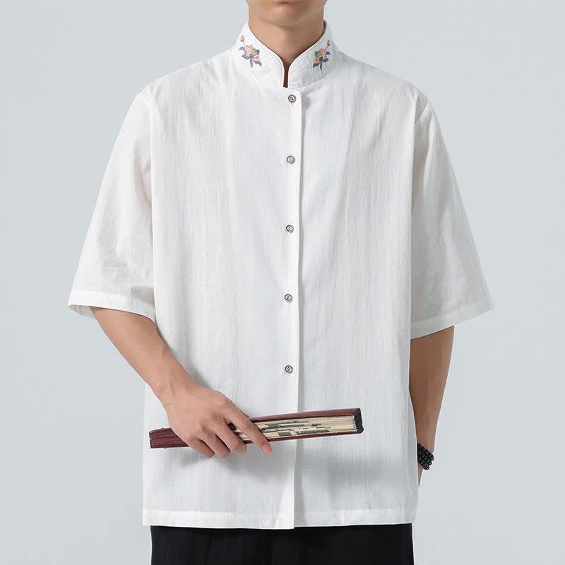 Buddha Stones Letnie koszule męskie w stylu Tang z kołnierzykiem stójkowym i haftem lotosu - Biały - US/UK/AU46， EU56 (5XL) - image 16
